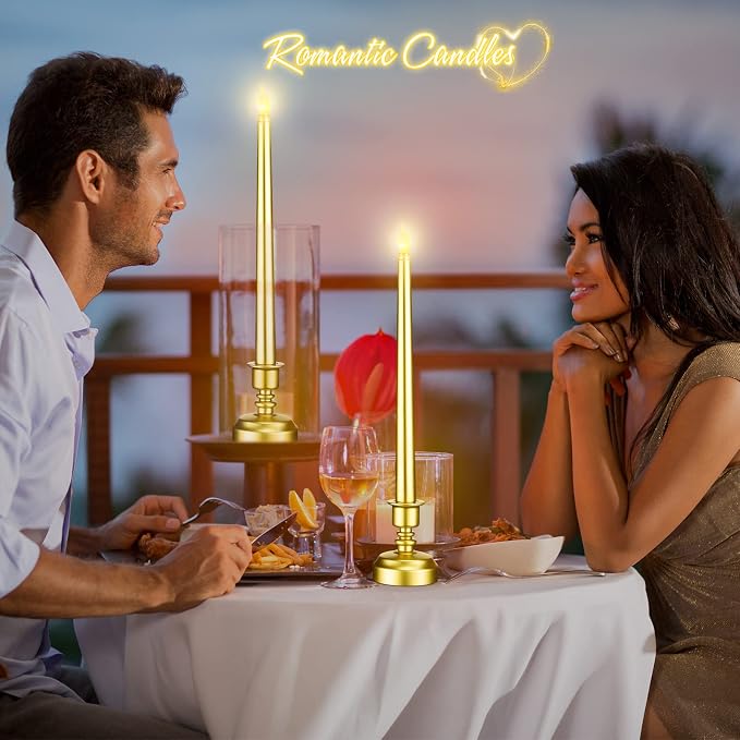 Fumete 16 Pcs Flameless Candles with Gold Base Battery Powered Taper Candles Battery Operated LED Candlesticks for Party Home Wedding Dinner Decorations