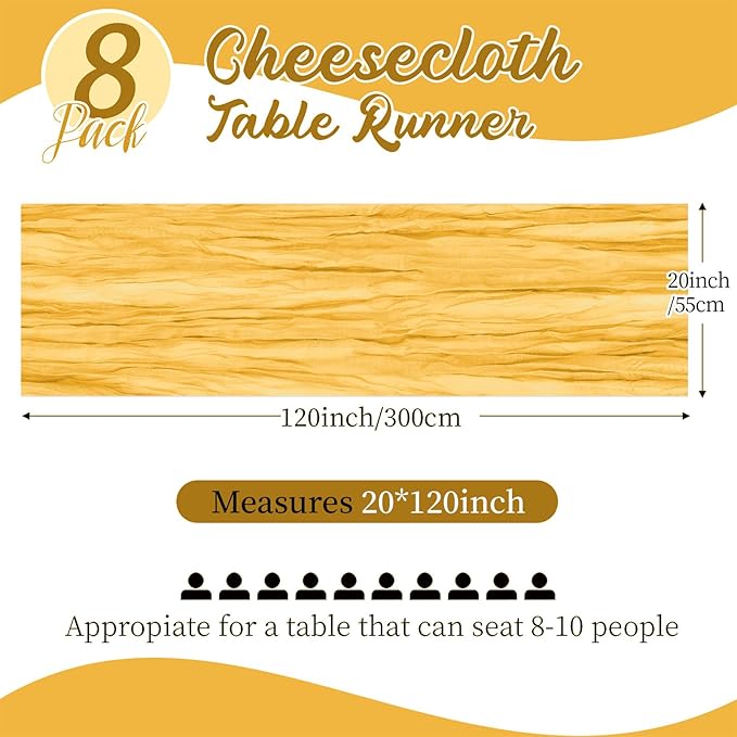 8 Pack Gold Cheesecloth Table Runners 20x120 Inch Gauze Table Runner 10FT Easter Cheese Cloth Table Runner Rustic Sheer Runner for Wedding Baby Shower Birthday Party Table Decor