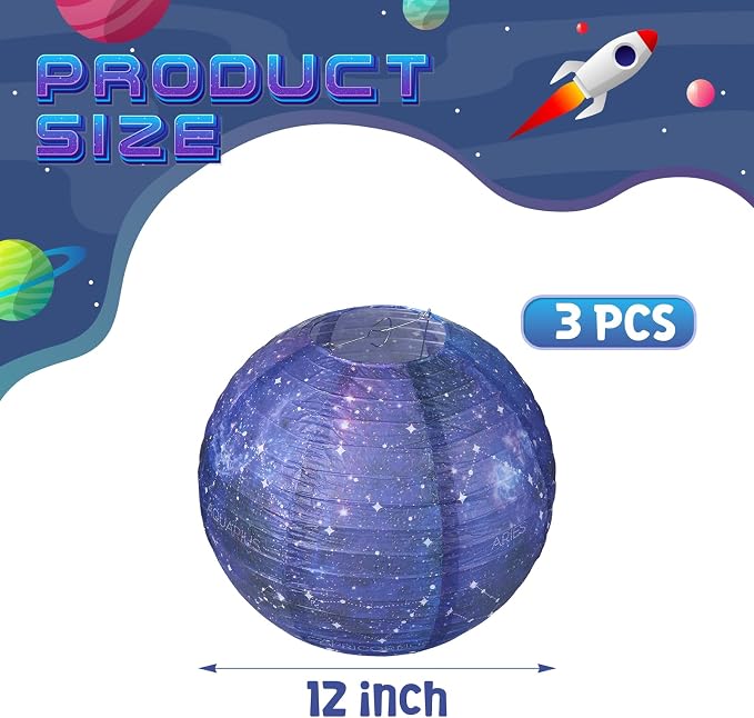 3pcs Galaxy Paper Lanterns with Constellation, 12 inch Space Party Decor, Galaxy Themed Paper Lanterns for Galaxy Party Decorations Party Birthday Room Decorations