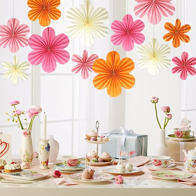 BestoFun 12 PCS Paper Flowers Fans Pink and Orange Party Decorations Paper Flowers Decorations for Wall Girl Groovy Birthday Baby Shower Wedding Bachelorette Room Hanging Décor