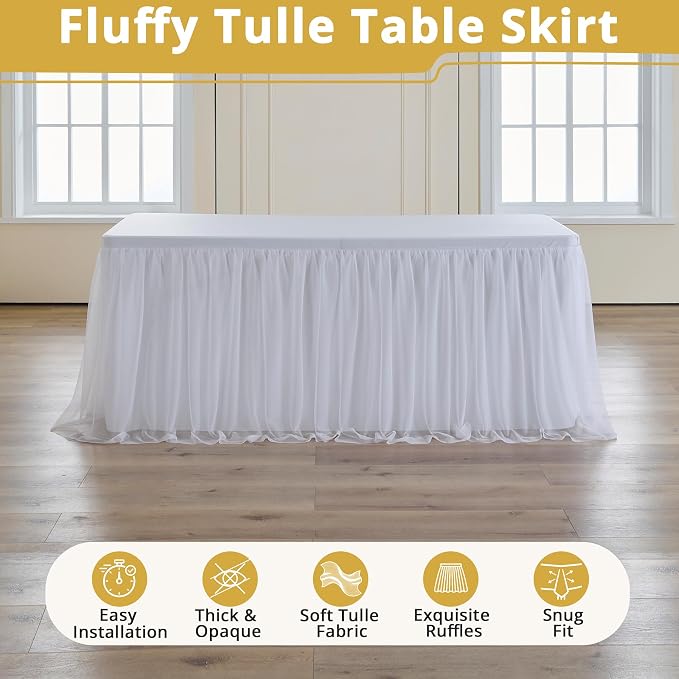 4-Pack White Tulle Tablecloth for 6 Ft Rectangle Tables – Elastic Spandex Table Cover with Tutu Skirt, Wrinkle Free for Wedding, Birthday Party, Banquet Buffet, Craft fairs