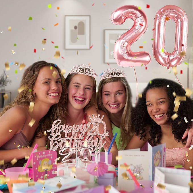 20th Birthday Decorations for Women, Including 20th Birthday Sash and Tiara, Cake Topper and Candles, Number Balloons, 20 Year Old Gifts for Women