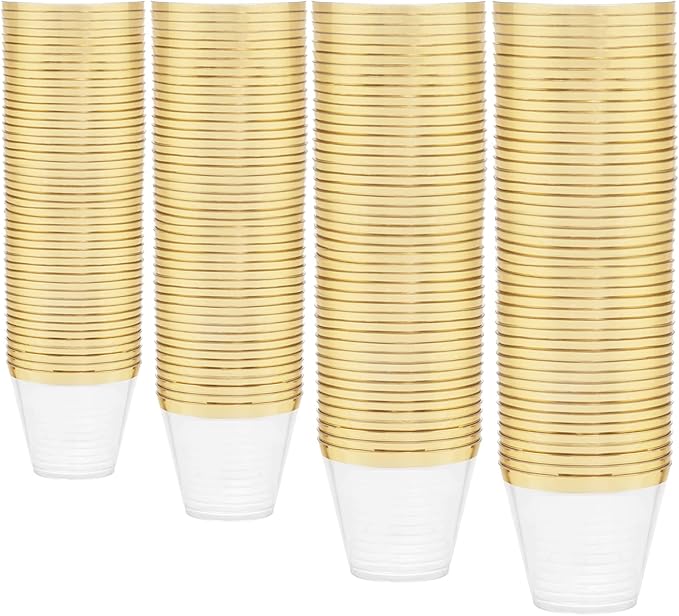 WDF 200 Pack Gold Plastic Cups - 9 Oz Elegant Clear Plastic Cups Gold Rimmed - Fancy Disposable Party Cup Wedding Cup Drinking Tumblers Cocktail Glasses for Thanksgiving