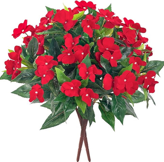 Fake Flowers Artificial Flowers for Outdoor，Artificial Plant Artificial Impatiens Bouquet Flowers for Outdoors Decoration，Silk Spring Artificial Plants for Outdoors Indoor Decor 2PCS (Red)