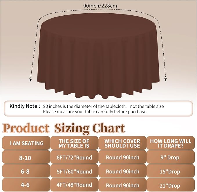 12 Pack Round Tablecloth 90 inch Brown Table cloths for Round Tables,Stain and Wrinkle Resistant Washable Polyester Tablecloths Brown Table Cloth Table 90 inchround Table Cloth for Wedding Party