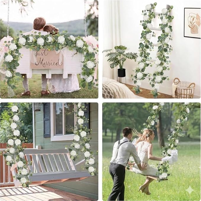 2pcs Artificial Flowers Garland 6FT Silk Peony Vine with Eucalyptus Leaves Faux Floral Garlands for Wedding Arch Door Wall Hanging Party Home Decoration (White)
