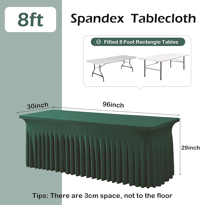 6 pk Hunter Green Spandex Tablecloth 8ft With Ruffle Table Skirt, Wrinkle Free Stretchy Fitted Tablecloths for 8 Foot Rectangle Tables, Elastic Spandex Table Covers for Weddings Parties Banquet Craft