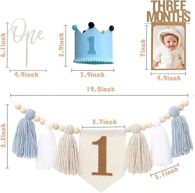 Baby First Birthday Party Decorations First Highchair Banner For Baby Boys Blue High Chair Banner Crown Cake Topper Baby Photo Banner 1st Birthday Photo Backdrop (Blue)