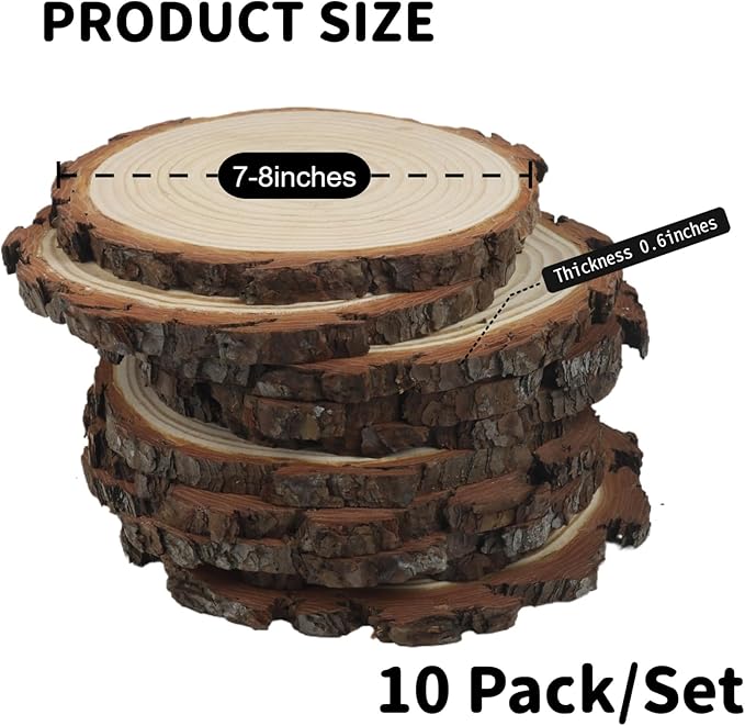 Natural Wood Slices for Centerpieces, 7-8 Inch Rustic Wooden Rounds, 10 Pack, Wedding Table Decor, DIY Crafts,