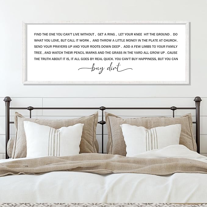 Buy Dirt Sign Wall Decor Song Lyrics Wall Art You Cant Buy Happiness Signs | 40x15 Inch Farmhouse Rustic White Wood Framed, Large Ideal for Living Room Kitchen Bedroom Entryway Hallway, Ready to Hang