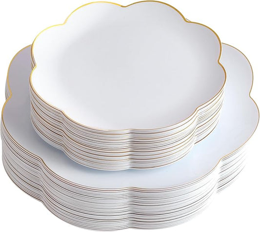 supernal 60pcs White Scalloped Plastic Plates with Gold Trim,Heavy Duty Elegant Disposable Plates Includes: 30 Gold Dinner Plate and Dessert Plate Perfect for Wedding, Bridal Shower Mother's Day