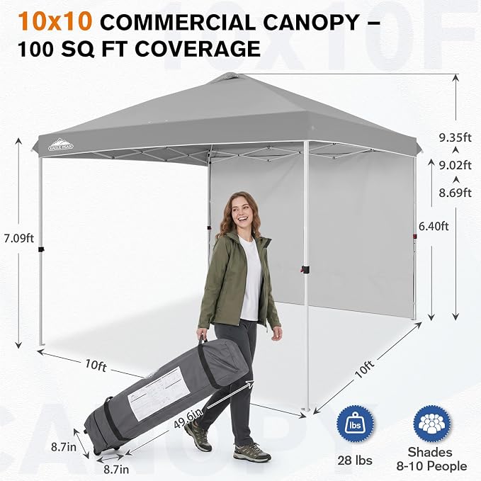 EAGLE PEAK Commercial Canopy 10x10 Pop Up Canopy Tent with 1 Sidewall, Easy Setup Heavy Duty Instant Event Shelter for Vendors & Markets, Outdoor Sun Shade, Light Gray