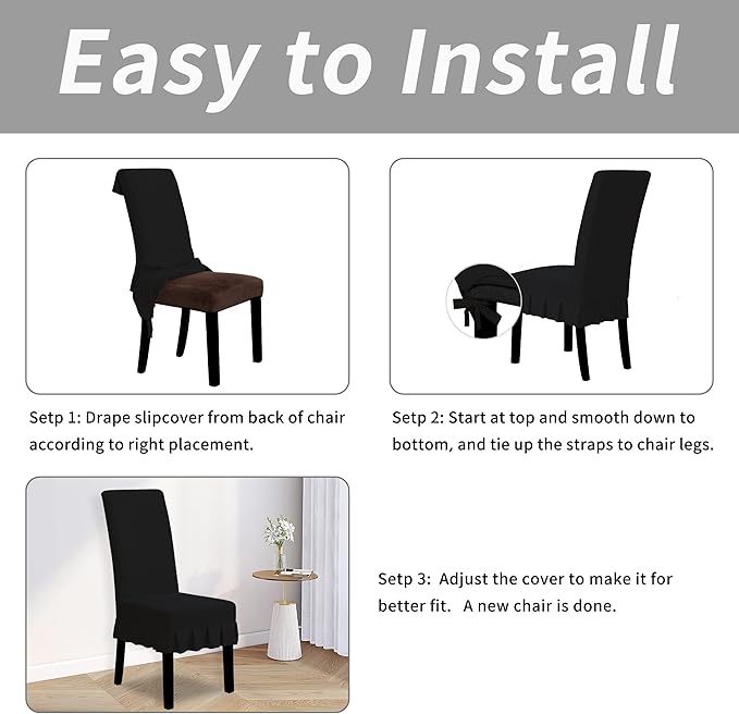 Easy-Going Dining Chair Covers Stretch Parsons Chair Slipcover with Skirt Chair Covers for Dining Room Restaurant Banquet (6 PCS, Black)