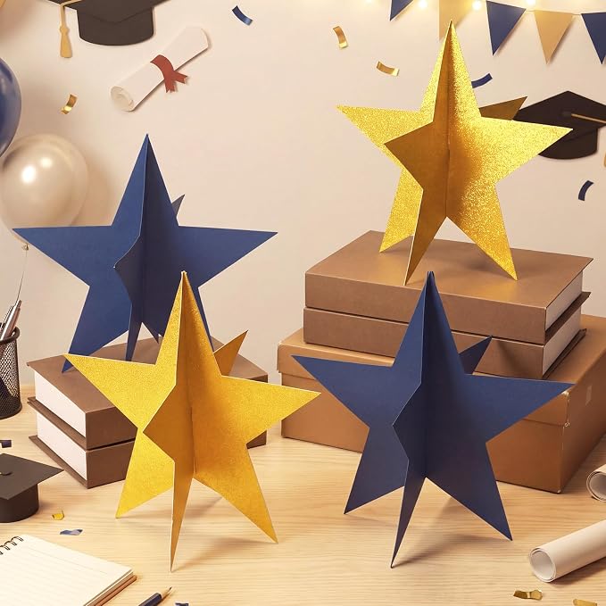 Sinload 18 Pcs Large 3D Glitter Star Decorations Back to School Work Blue Gold Star Centerpiece Standing Hanging Decor for School Centerpiece Starry Movie Night Themed Party Decor