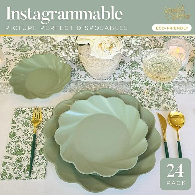 Eco-Friendly Compostable Party Plates - 24 Piece Set in 3 sizes. 8 XL Plates, 8 Dinner Plates, 8 Salad Plates- Made Of Bamboo Wood Fiber, and Sugarcane- Sturdy, Heavy Duty & Stunning - Sage