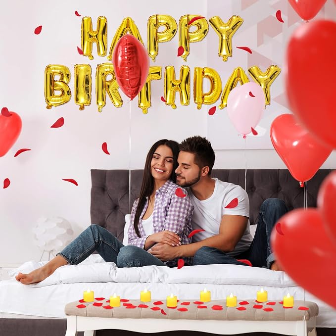 Red and Gold Happy Birthday Balloons Decorations Happy Birthday Letter Balloons Banner with 24pcs Flameless LED Candles and 2000pcs Artificial Rose Petals for Women Men Room Party Decorr