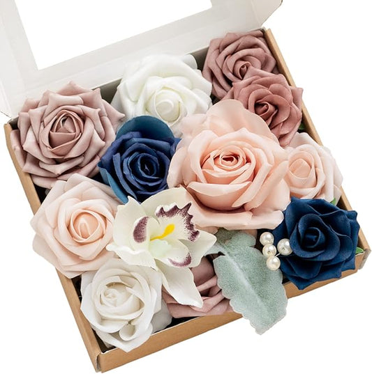 Ling's Moment Fake Flowers Box, Faux Artificial Greenery Stems Foam Roses Silk Orchid Fabic Flower for Centerpieces Bouquet Wedding Table Floral Vase Bridal Shower Party, Dusty Rose & Navy, Mini Combo