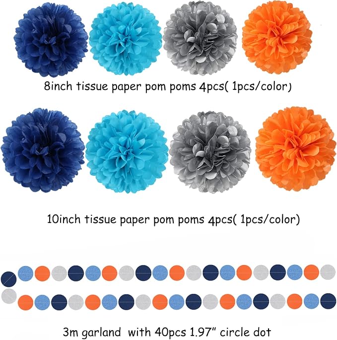 Blue-Silver Orange Space Party-Decorations Streamers-Garland - 30pcs Graduation 2026 Tissue Pom Poms,Tassel Banner Backdrop Birthday Boy Baby Shower Decor Bunting Lasting Surprise