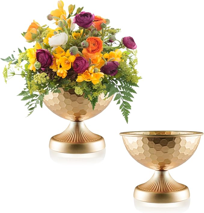 Gold Metal Urn Vases, 7.5 Inch, 2 Pcs | Vintage Hammered, Pedestal Flower Pots, Wedding Centerpieces, Elegant Floral Arrangement