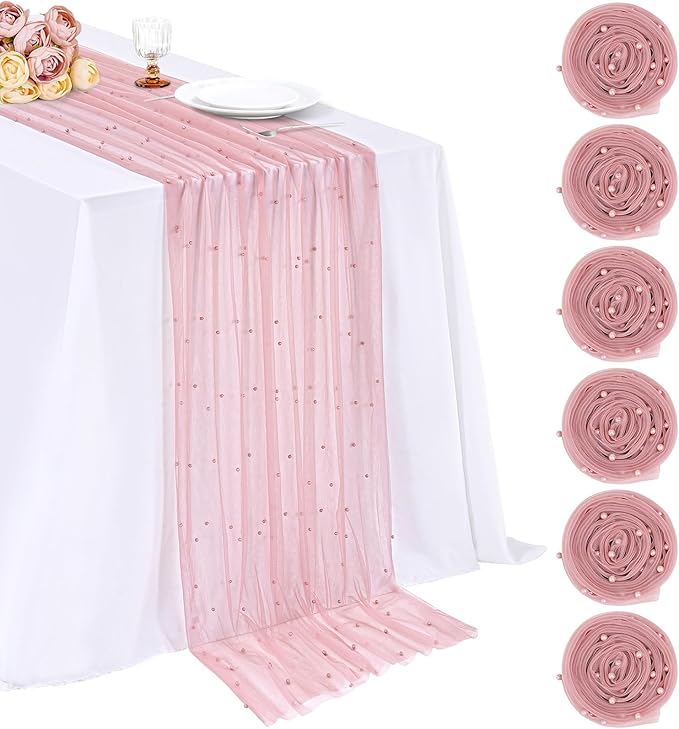 LuoluoHouse Dusty Pink Pearl Table Runner: Tulle 10ft Pearl Tulle Fabric Centerpieces Wedding Lace Tablecover Arch for Bridal Shower Veil Baby Shower Sweetheart Birthday Table Decorations