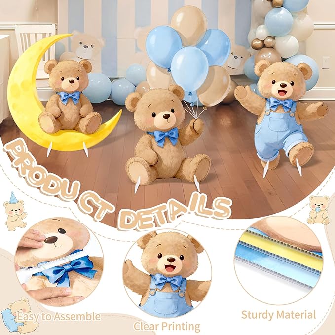 3Pcs Blue Bear Baby Shower Decorations, Large Moon Bear Cardboard Cutout Standup with Yard Stakes & Stands for Boy Bear Birthday Indoor Outdoor Photo Booth Props Cartoon Party Supplies