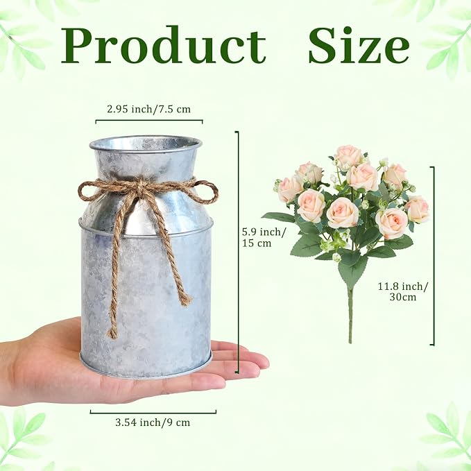 Farmhouse Artificial Rose Flowers with Metal Vase, Set of 6 Fake Rose Arrangements for Table, Faux Bouquets Wedding Centerpiece Decorations, Home Office Flower Decor (Silver Vase & Champaign Roses)
