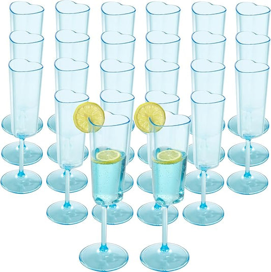 JLYLOL 24 PCS Heart Shaped Champagne Flutes, 5.5OZ Plastic Champagne Glasses, Unique Wedding Toasting Glasses, Elegant Stemmed Drinking Cups Plastic Goblets for Celebrations Anniversary Bride (Blue)