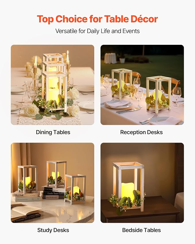 VEVOR 12 Set/36 Pcs Wooden Wedding Lantern Centerpiece, Includes 12 Wooden Lantern Candle Holder 12 Flameless LED Candle 12 Eucalyptus Leaves Wreath for Wedding Table Party Farmhouse Decor, White