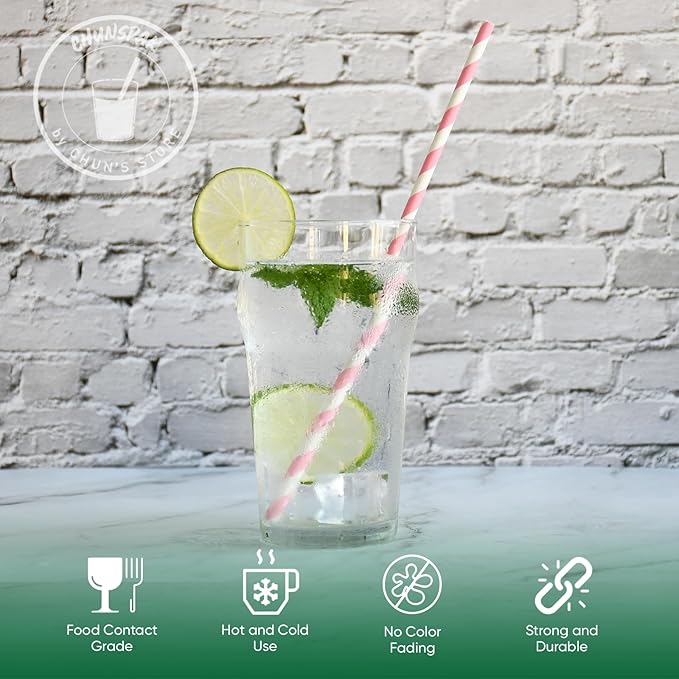 Biodegradable Pink Paper Straws for Drinking - 10 Inches Long, 0.24" Diameter, Pack of 100