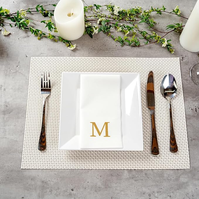 Luxenap 15.8 X 7.9 Inch Linen-Feel Guest Towels, 50 Lettered Hand Towels - Gold Letter 'M', Sans Serif Font, White Paper Dinner Napkins, airlaid, For Restrooms And Tables