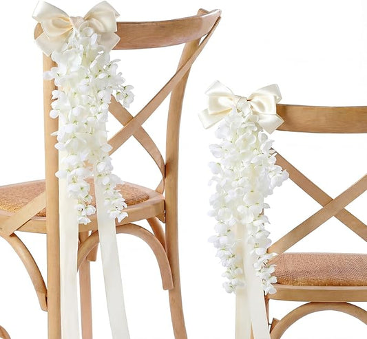 Thiccywoov Set of 10 Wedding Aisle Decorations for Wedding Ceremony, Pre-Assembled Pew Flowers for Church Chair Decorations Party Decor with Artificial Wisteria Flowers with Ribbon Bow