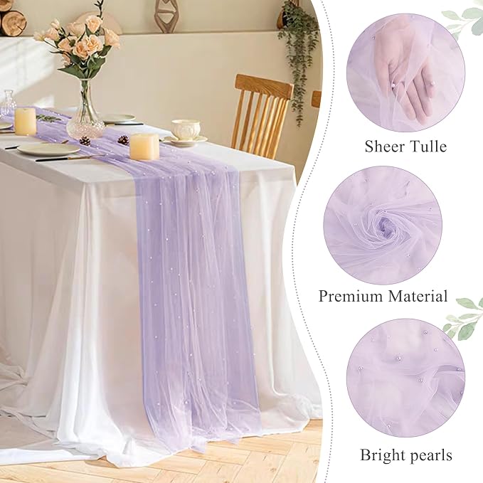 Pearl Table Runner 29 x 120 Inch Tulle Fabric Lace Table Runners for Bridal Shower Birthday Party Wedding Arch Dessert Table Decor(1 Pack, Light Purple)