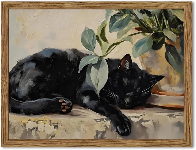 Framed Black Cat Canvas Wall Art, Vintage Sleeping Cat with Plant Picture Wall Decor Paintings, Cute Animal Poster Prints Rustic Aesthetic Home Decor for Living room Bedroom Bathroom 12x16 inch