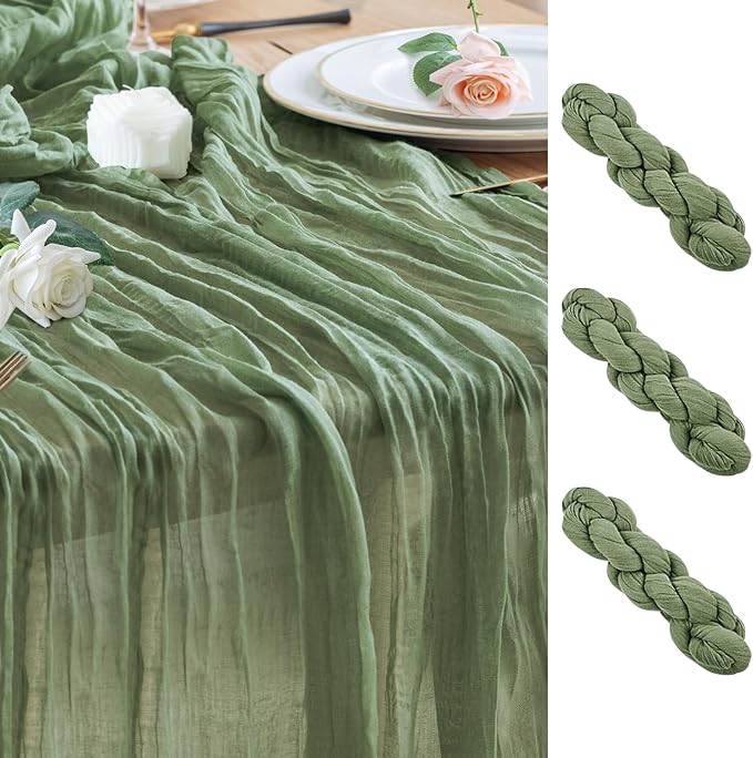 Wokceer Sage Green Cheesecloth Table Runner Spring 3Pack 10FT Boho Gauze Easter Cheese Cloth Table Runner for Party Christmas Sheer Runners for Baby Bridal Shower Wedding