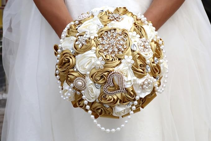 Ivory and Gold Bridal Wedding Bouquet with Rhinestone Brooch Pearl String Cascade Bouquet for Bride Bridesmaid Quinceanera Satin Rose Flower Bouquet Wedding Gold and Ivory 6.3in
