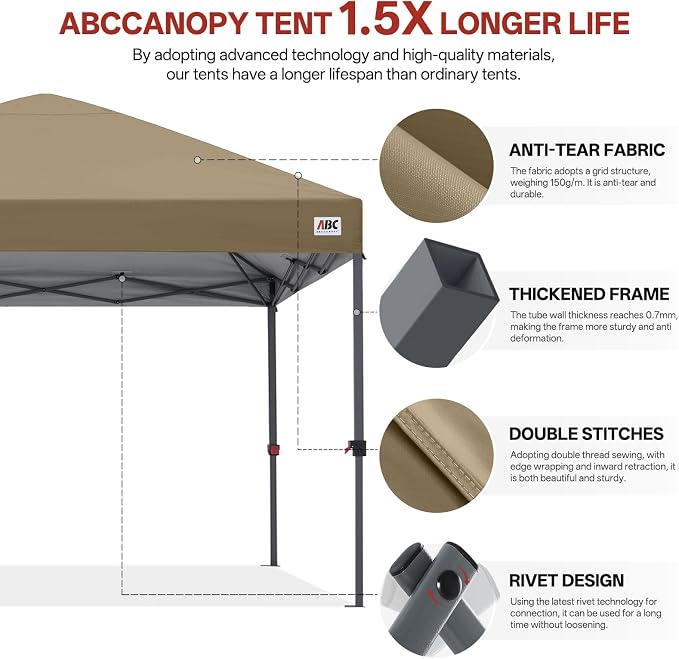 ABCCANOPY 10x10 Pop Up Canopy Tent, Easy Setup Instant Shelter with Wheeled Bag, Heavy Duty Outdoor Canopy for Beach, Market, Backyard, UV Protection, Outdoor Weather Protection (Khaki, 10x10)