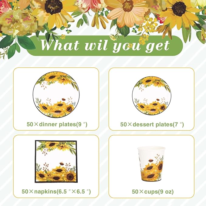 Sunflower Party Decorations, Sunflower Plates and Napkins Party Supplies Serves 50, for Birthday Bee Baby Shower Bridal Shower, Easter Mother's Day, Summer Fall Thanksgiving Decorations