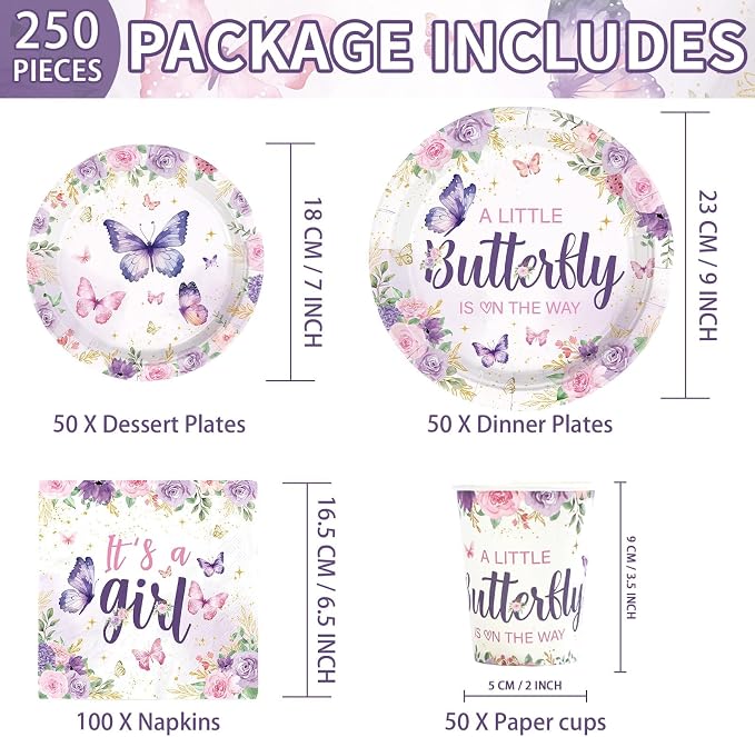 250 Pcs Butterfly Baby Shower Decorations A Little Butterfly is on The Way Tableware Set Include Purple Floral Plates Napkins Cups for Kids Girls Baby Shower Birthday Supplies Serves 50
