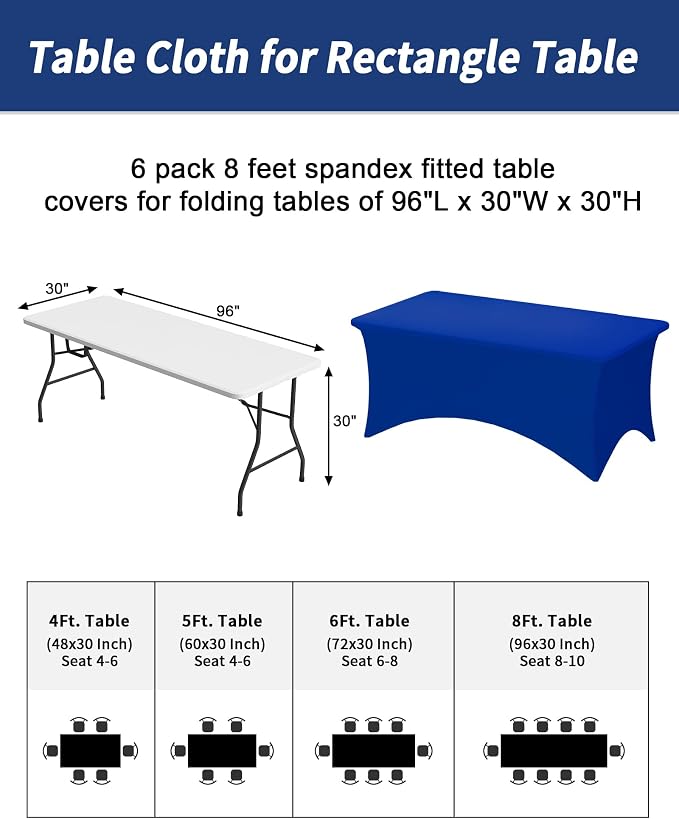 Fixwal 6 Pack 8Ft Royal Blue Table Cover, Spandex Fitted Tablecloths Rectangle, Wrinkle-Free and Stretch Folding Table Cloth for Banquet, Wedding, Party, Trade Show
