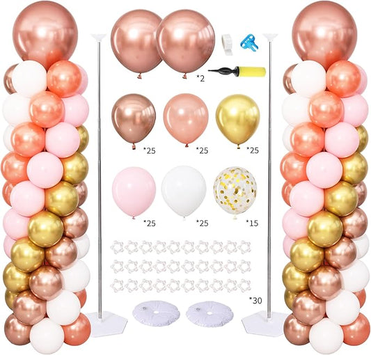 Rose Gold and Pink Balloon Column Stand Kit Set of 2 for Floor, Pink Rose Gold White Confetti Balloon Arch Kit Balloon Towers for Girl Women Birthday Baby Shower Wedding Bridal Party Decorations