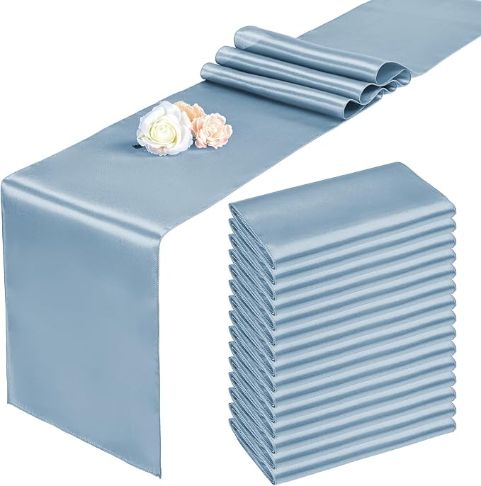 15 Pack Dusty Blue Satin Table Runners 12 x 108 Inch Long Table Runners for Rectangle Round Tables, Smooth Satin Table Runner for Wedding,Birthday Party Banquets Graduation Engagements Decoration