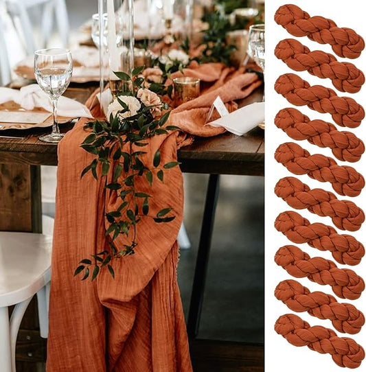 Showgeous 10 Pack Terracotta Cheesecloth Table Runner, 10FT Long Semi-Sheer Boho or Rustic Gauze Table Runner Wedding Table Decor for Wedding Arch Draping Bridal Shower Holiday Party