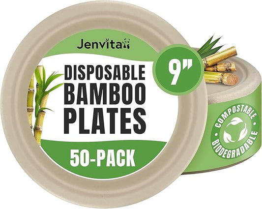 Paper Bamboo Plates Disposable (50-Pack, 9-inch) | Sturdy & Microwave Safe | Compostable Paper Plates Disposable Heavy Duty | PFAS Free, Biodegradable | FSC Certified Alternative to Plastic