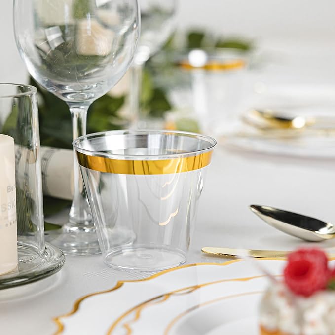 350PCS White Plastic Plates, Gold Plastic Dinnerware Sets for 50 Guests, Include 100 Disposable Plates, 50 Cups and 50 Pre Rolled Napkins with 150 PCS Gold Silverware for Party and Wedding
