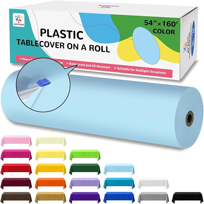 54IN X 160FT Plastic Table Cover Roll with Cutter Box, Cut to Size Plastic Table Cloths for Parties, Birthday, Disposable Tablecloth Roll for All Shape Tables (Light Blue, 54 Inch X 160 Feet)