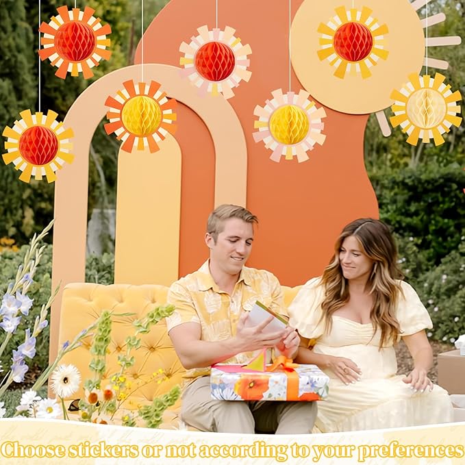 Paper Jazz First Trip Around The Sun Deorations,12pcs Sunshine Birthday Decorations,Boho Themed Party Decorations，Sun Birthday Party Hanging Pom Poms Honeycomb for Hippie Retro and Baby Shower.