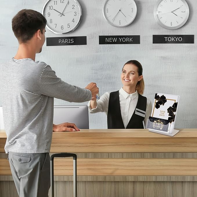 Crtiin 6 Pcs Acrylic Slanted Sign Holder with Business Card Holders Clear Display Stand Flyer Stand with Gift Card Holder for Office Table Advertisement Brochure (4 x 6 Inch,Side Insert)