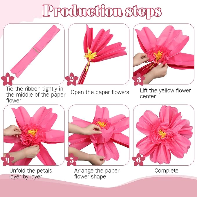 Crowye 12 Pcs Large Colorful Tissue Paper Flowers Decorations Giant Fiesta Craft Crepe Paper Flowers for Wall Decor Backdrop Mexican Wedding Birthday Carnival Party (10'' 20'',Pink Color)