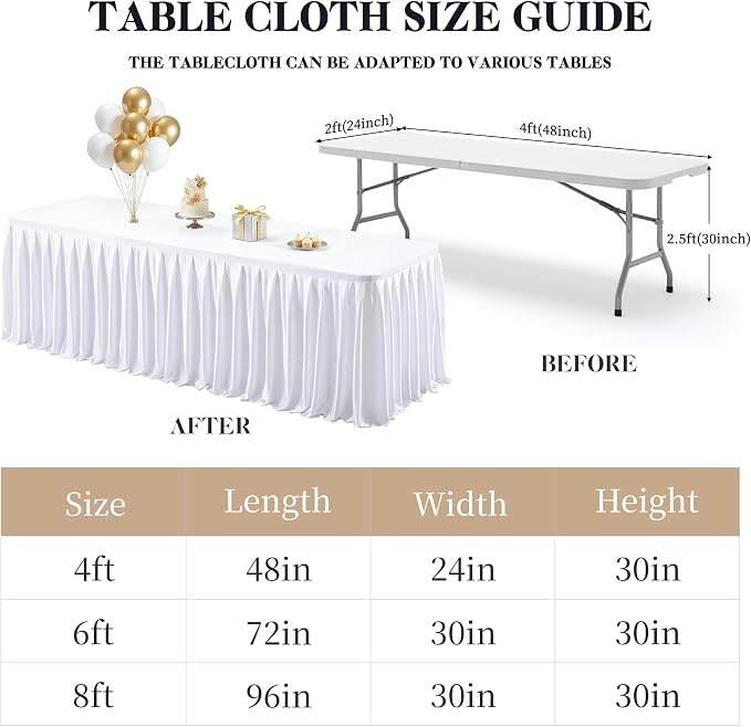 Wish Care 4 Pack Satin Table Cover Skirts for 6ft Rectangular Tables, White Shimmer Silk Tablecloth with Floor Length Ruffle for Wedding Banquet Party Buffet Decoration