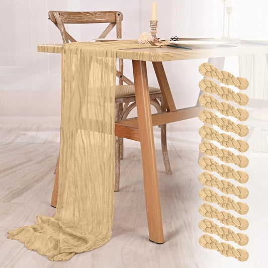 12 Pack Beige Cheesecloth Table Runner 10FT Boho Gauze Cheese Cloth Table Runner Rustic Sheer Fabric Table Runners for Wedding Bridal Shower Baby Shower Party(21.5×120 Inch)